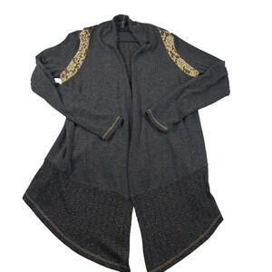 Miss Me Women's Gray Open Front Draped Cardigan with Lace Shoulder Detail M‎